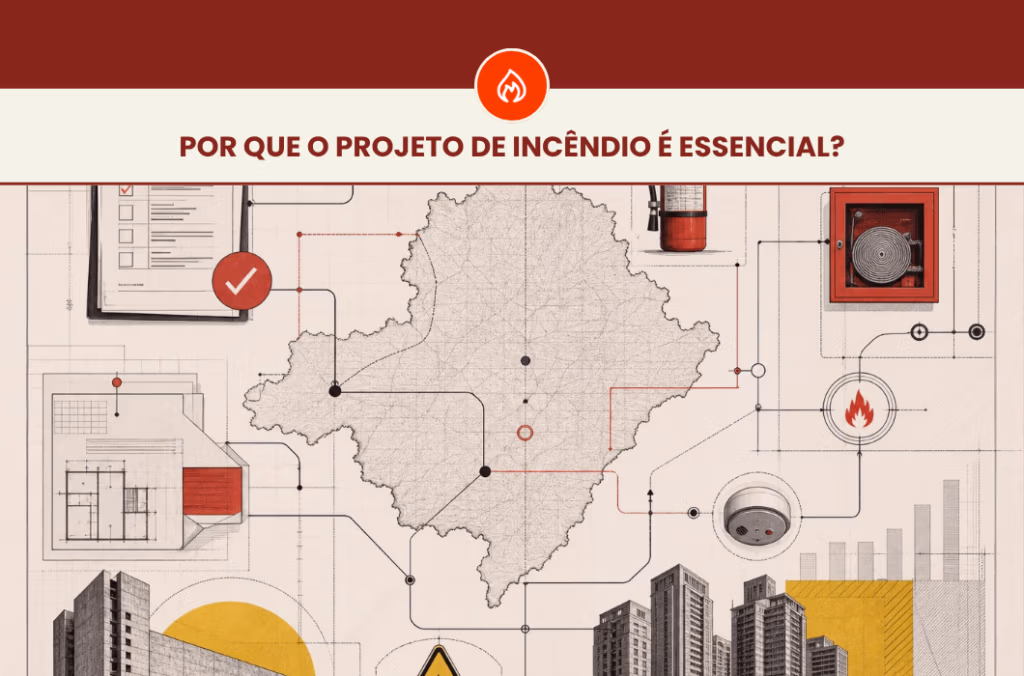 Projeto de Incêndio em Minas Gerais: entenda por que ele é essencial 3 Elementos de projeto de incêndio com mapa, plantas técnicas, detector de fumaça e extintor, representando exigências para AVCB e CLCB. No topo: Por que o projeto de incêndio é essencial?