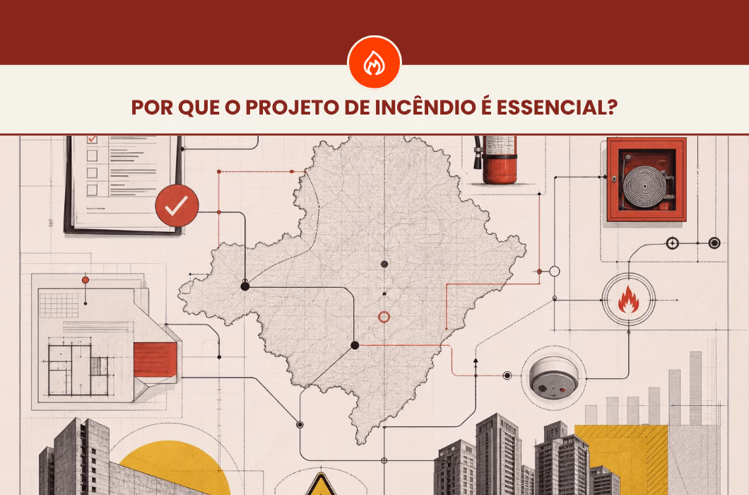 Início 15 Elementos de projeto de incêndio com mapa, plantas técnicas, detector de fumaça e extintor, representando exigências para AVCB e CLCB. No topo: Por que o projeto de incêndio é essencial?