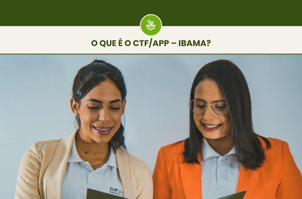 Início 17 Consultoras BioFortte analisam documentos em fundo branco. No cabeçalho: O que é o CTF/APP – Ibama?
