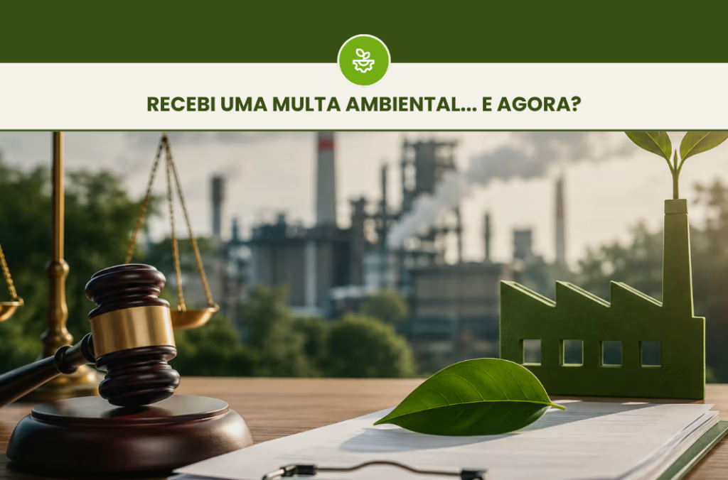 Recebi uma Multa Ambiental... E Agora? 5 Martelo de juiz, balança da justiça e miniatura verde de fábrica sobre documentos de licença ambiental. No cabeçalho: Recebi uma multa ambiental... e agora?