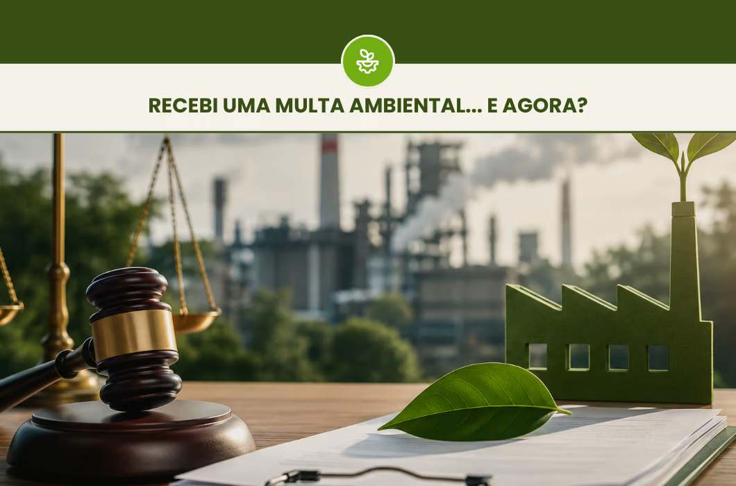 Martelo de juiz, balança da justiça e miniatura verde de fábrica sobre documentos de licença ambiental. No cabeçalho: Recebi uma multa ambiental... e agora?
