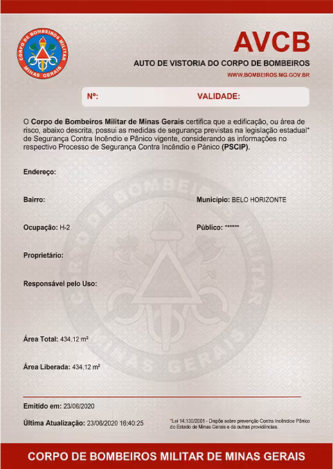 O que é o AVCB e por que ele é indispensável para o seu negócio? 1 Documento AVCB emitido pelo Corpo de Bombeiros Militar de Minas Gerais, certificando o licenciamento da edificação conforme requisitos de segurança contra incêndio e pânico.