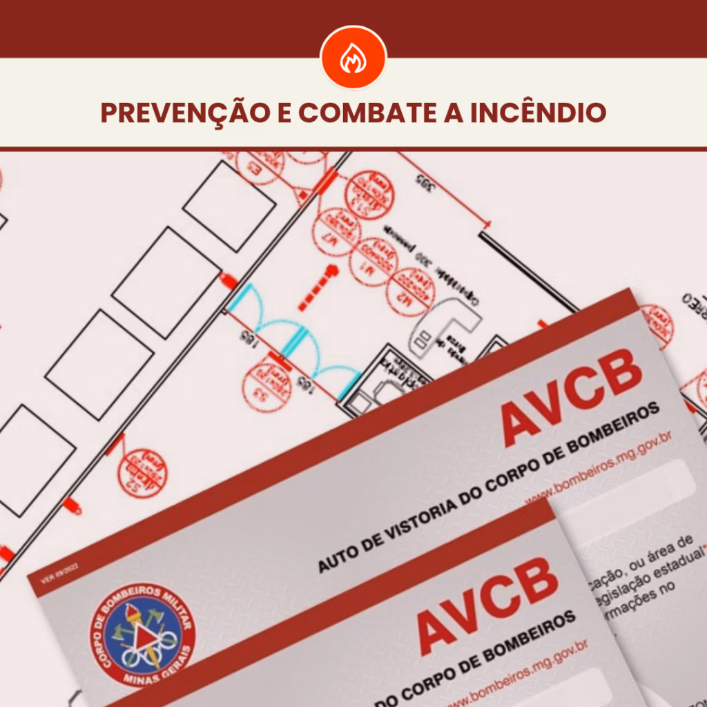 Sua Igreja Está Regularizada? Projeto de Incêndio em Belo Horizonte 4 Documento AVCB sobreposto a planta técnica de prevenção e combate a incêndio, representando regularização e vistoria do Corpo de Bombeiros. No topo: Prevenção e combate a incêndio.